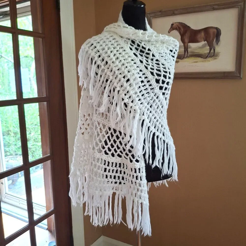 Vintage White Crochet Shawl Wrap – Open Weave – Long Fringe – Boho Hippie